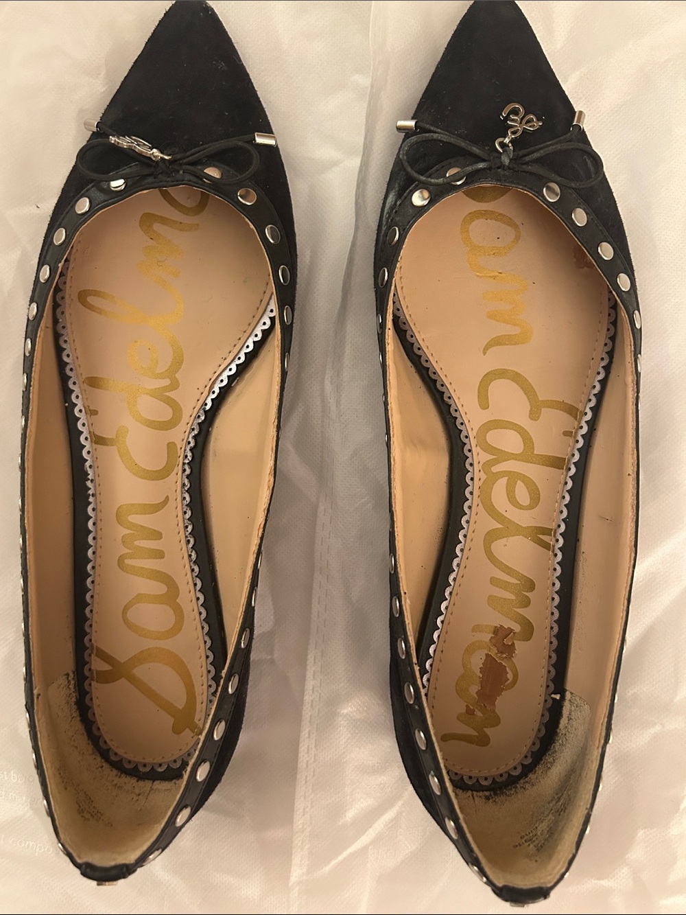 Sam Edelman Black Pointed Toe Studded Bow Flats - Picture 3 of 5